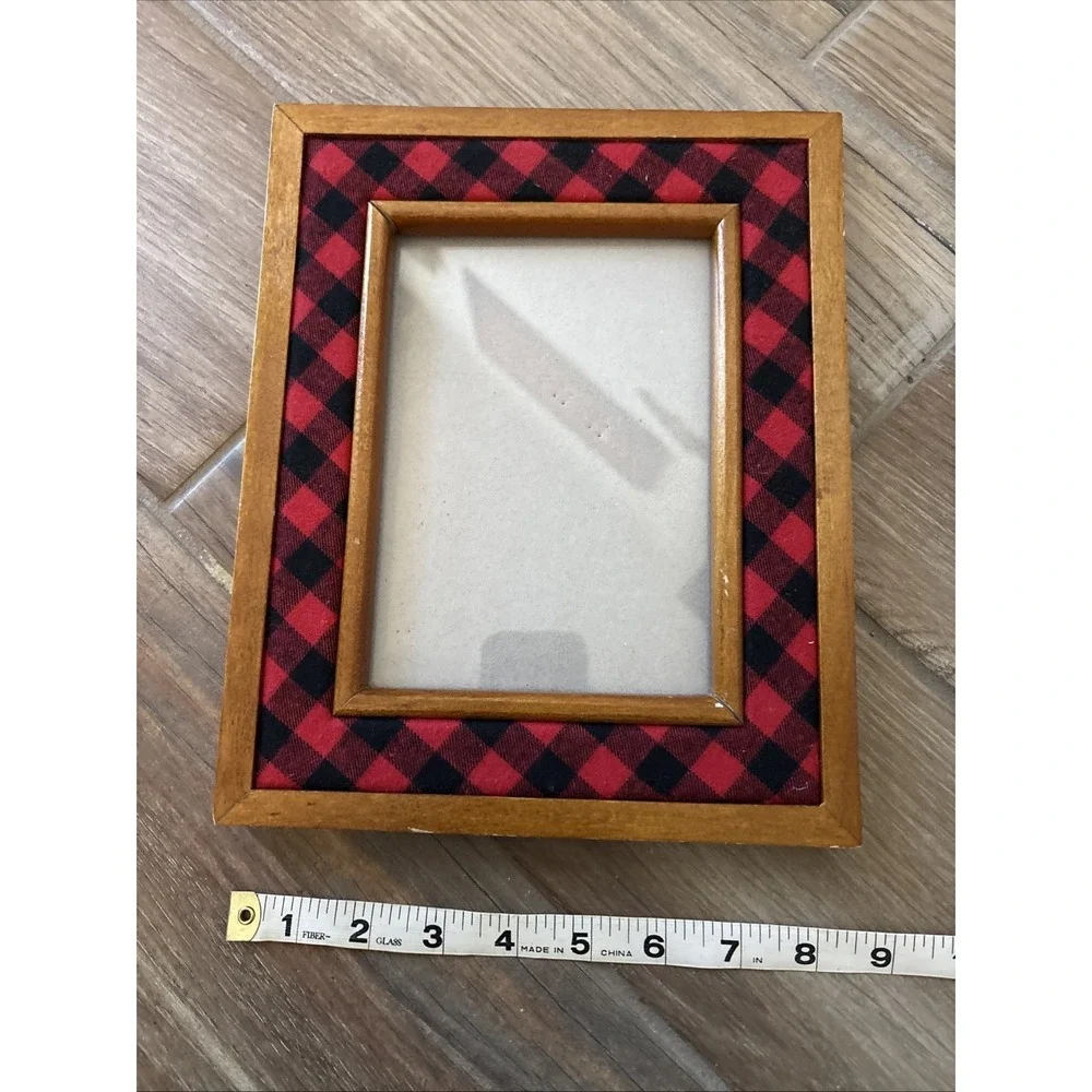 Vintage Red Plaid & Wood Fabric Rectangular Photo Frame 5
